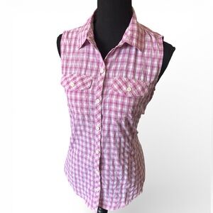 Eddie Bauer Pink and White Plaid Sleeveless Button Down Shirt, size S